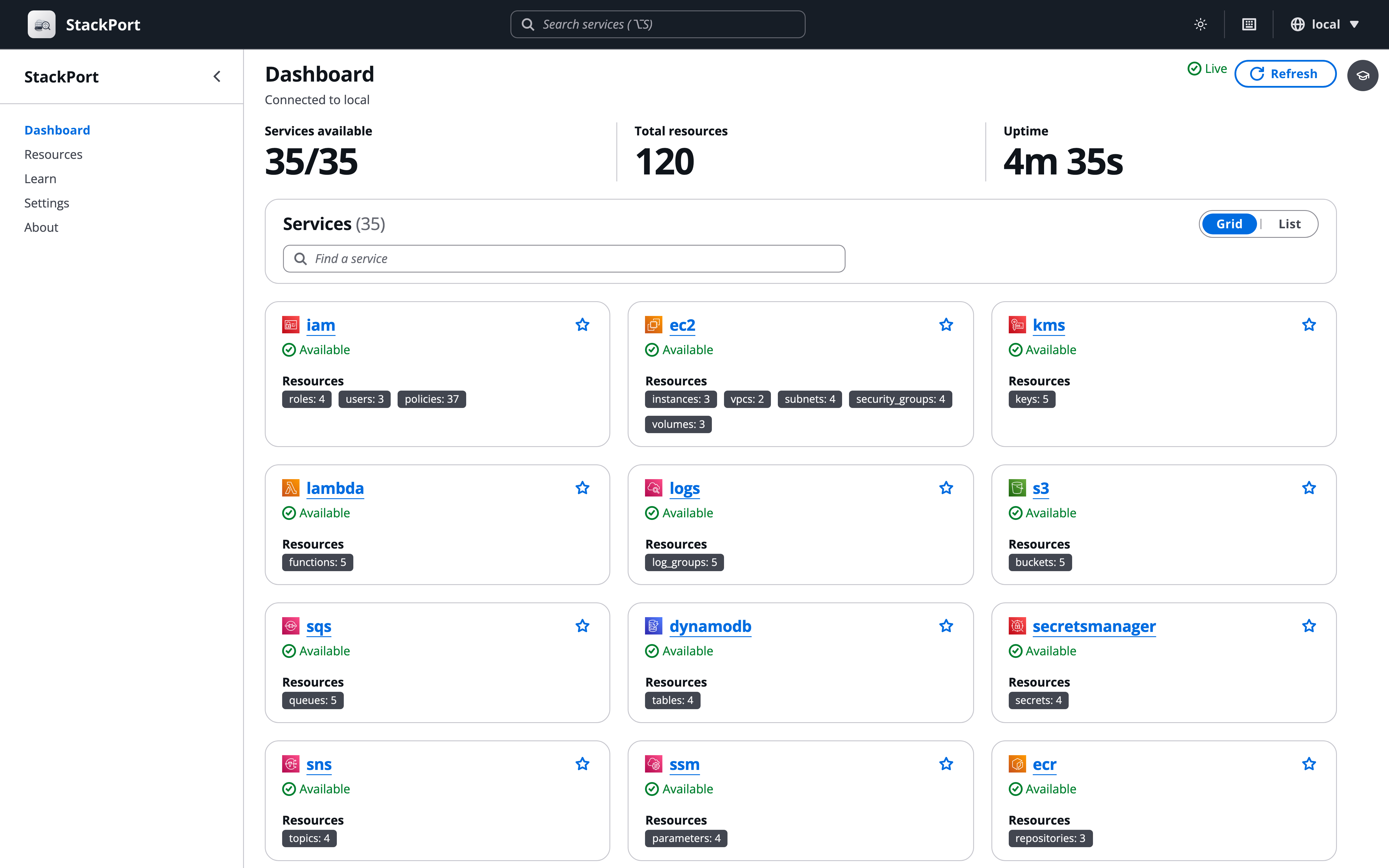 StackPort dashboard in the light theme
