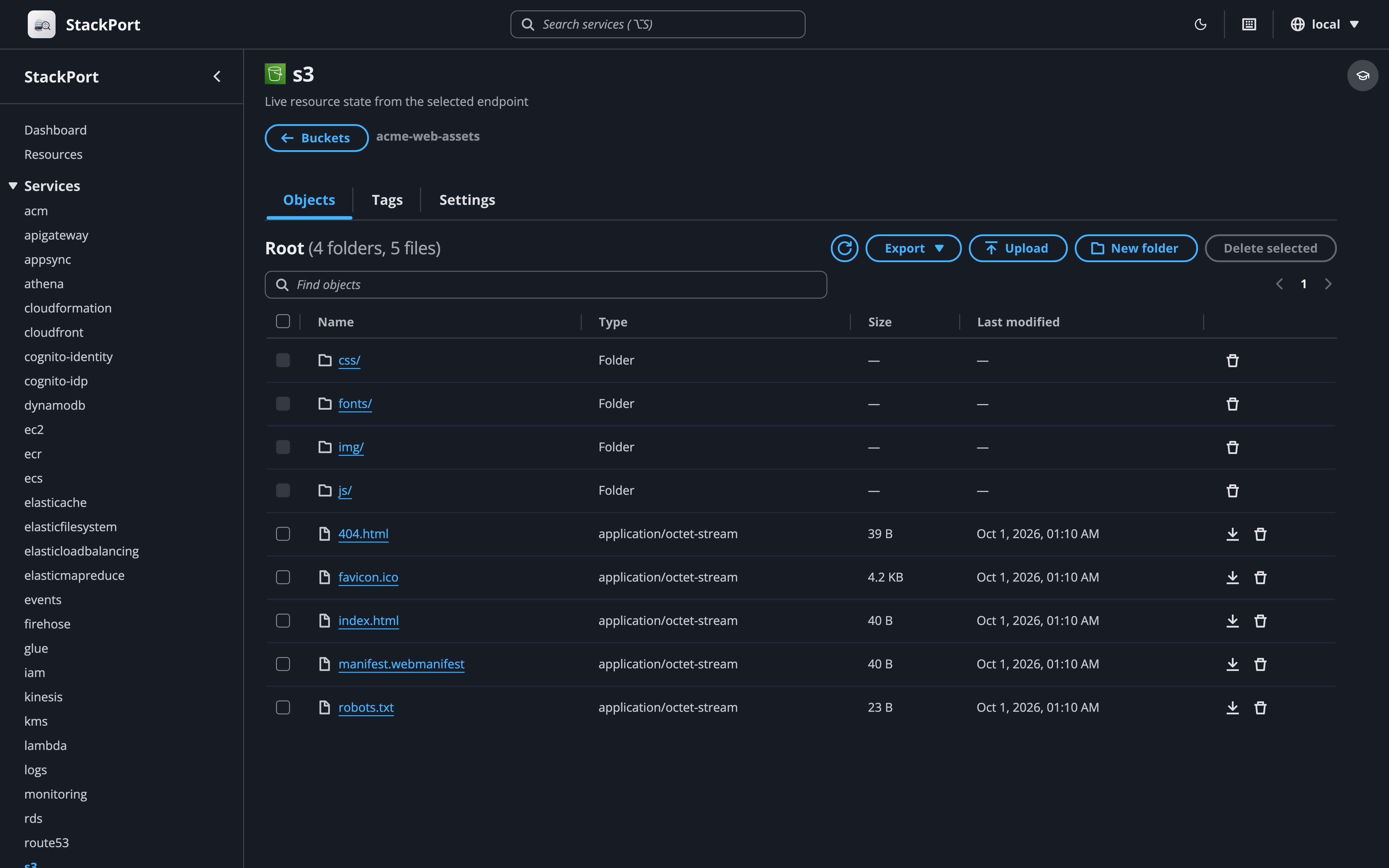 S3 browser with folders, objects and upload